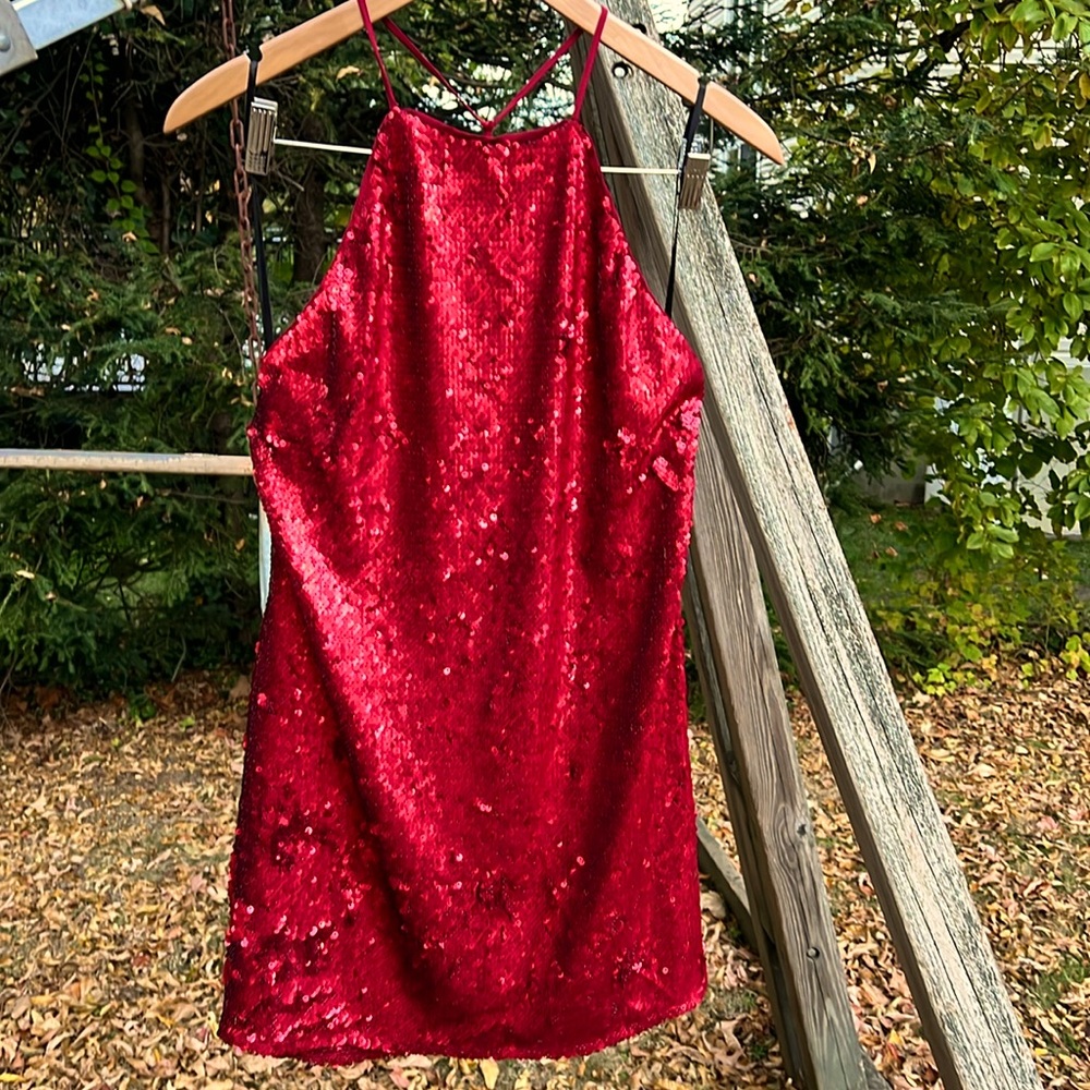 NBD deep red sequin halter mini dress: M